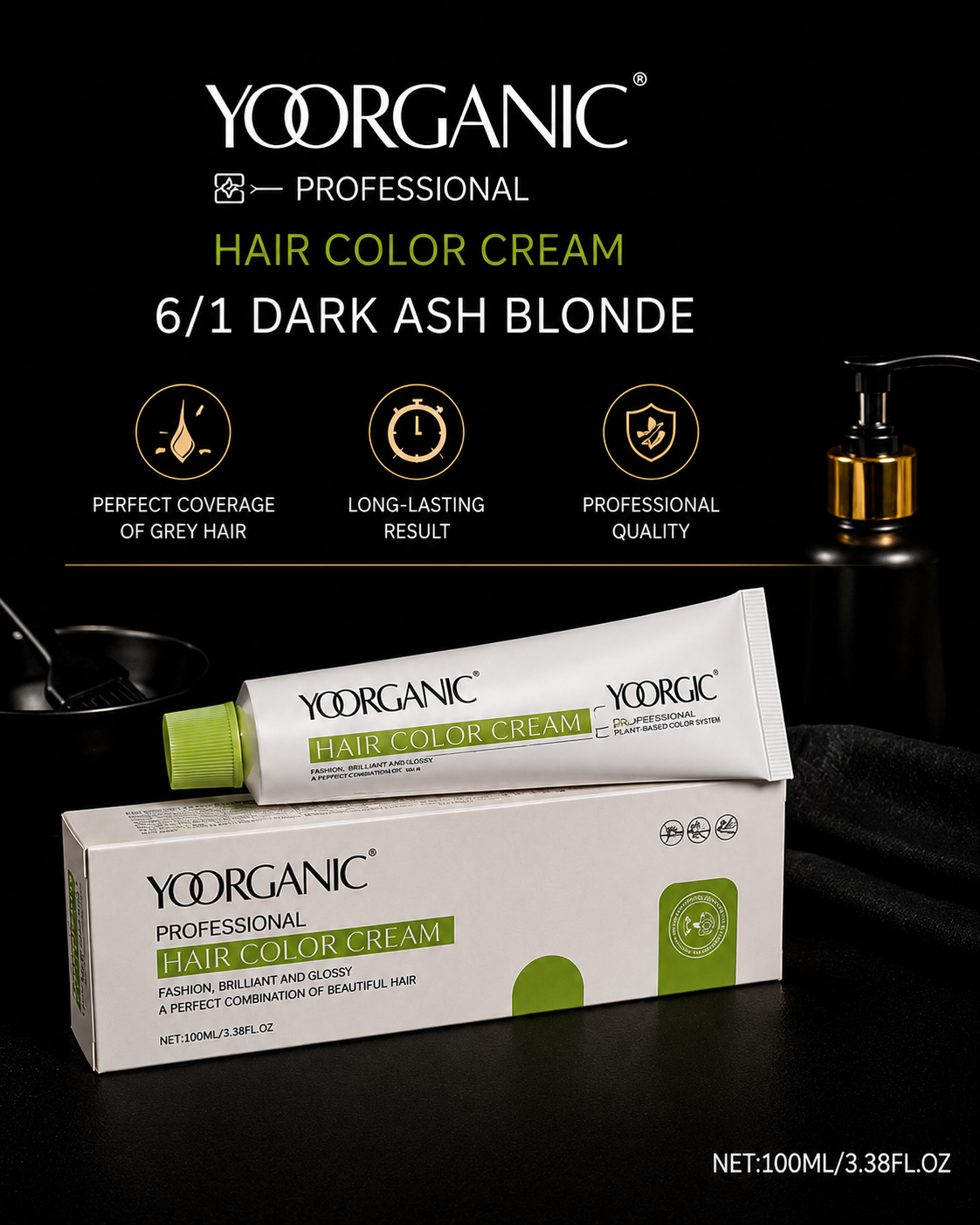 رنگ مو حرفه ای یورگانیک حرفه‌ای YOORGANIC Smooth & Shine شماره 6/1 بلوند دودی تیره (Dark Ash Blonde) پوشش کامل موهای سفید حجم 100ml (بدون آمونیاک)