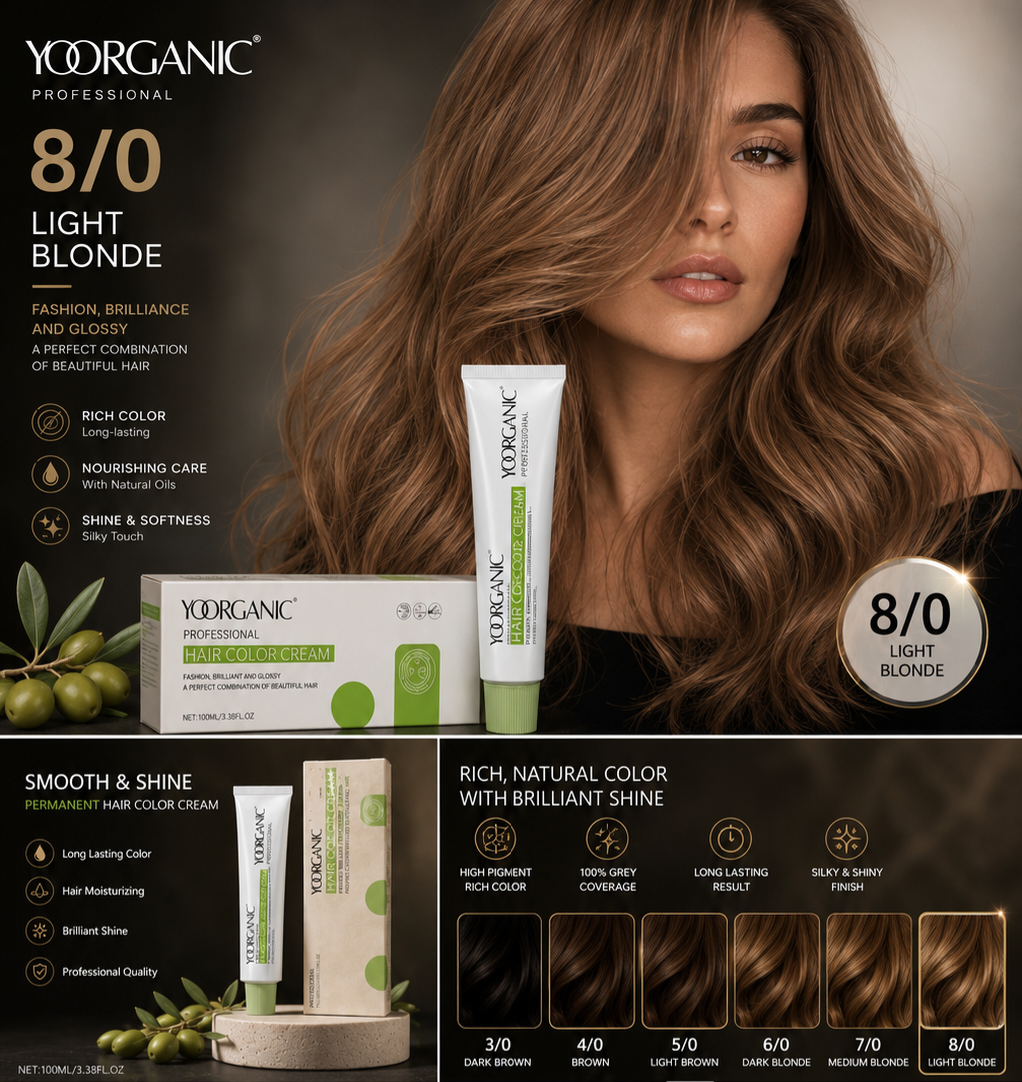 رنگ مو حرفه ای یورگانیک حرفه‌ای YOORGANIC Smooth & Shine شماره 8/0 بلوند روشن (Light Blonde) پوشش کامل موهای سفید حجم 100ml (بدون آمونیاک)