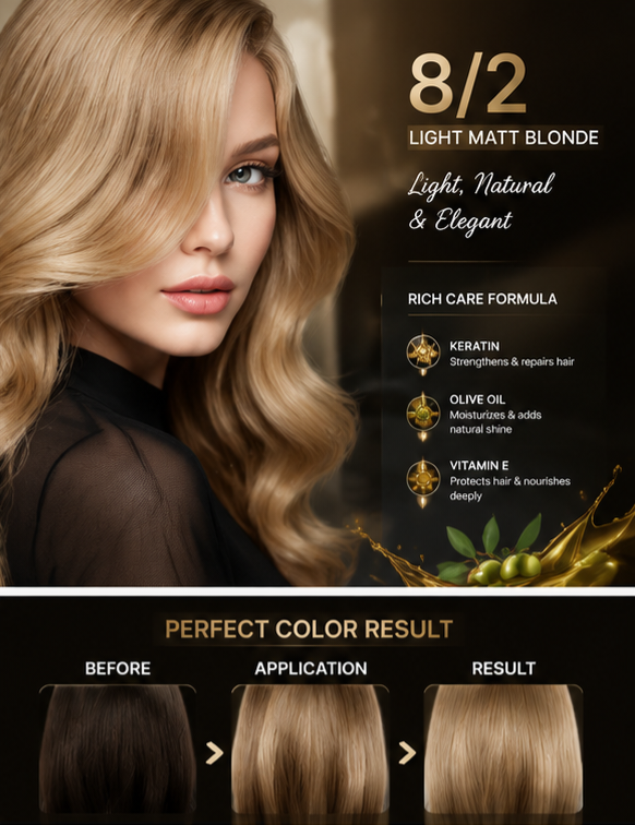 رنگ مو حرفه ای یورگانیک حرفه‌ای YOORGANIC Smooth & Shine شماره 8/2 بلوند روشن مات (Light Matt Blonde) پوشش کامل موهای سفید حجم 100ml (بدون آمونیاک)
