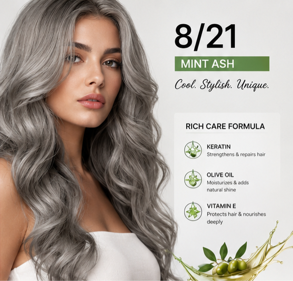 رنگ مو حرفه ای یورگانیک حرفه‌ای YOORGANIC Smooth & Shine شماره 8/21 بلوند دودی نعنایی (Mint Ash) پوشش کامل موهای سفید حجم 100ml (بدون آمونیاک)