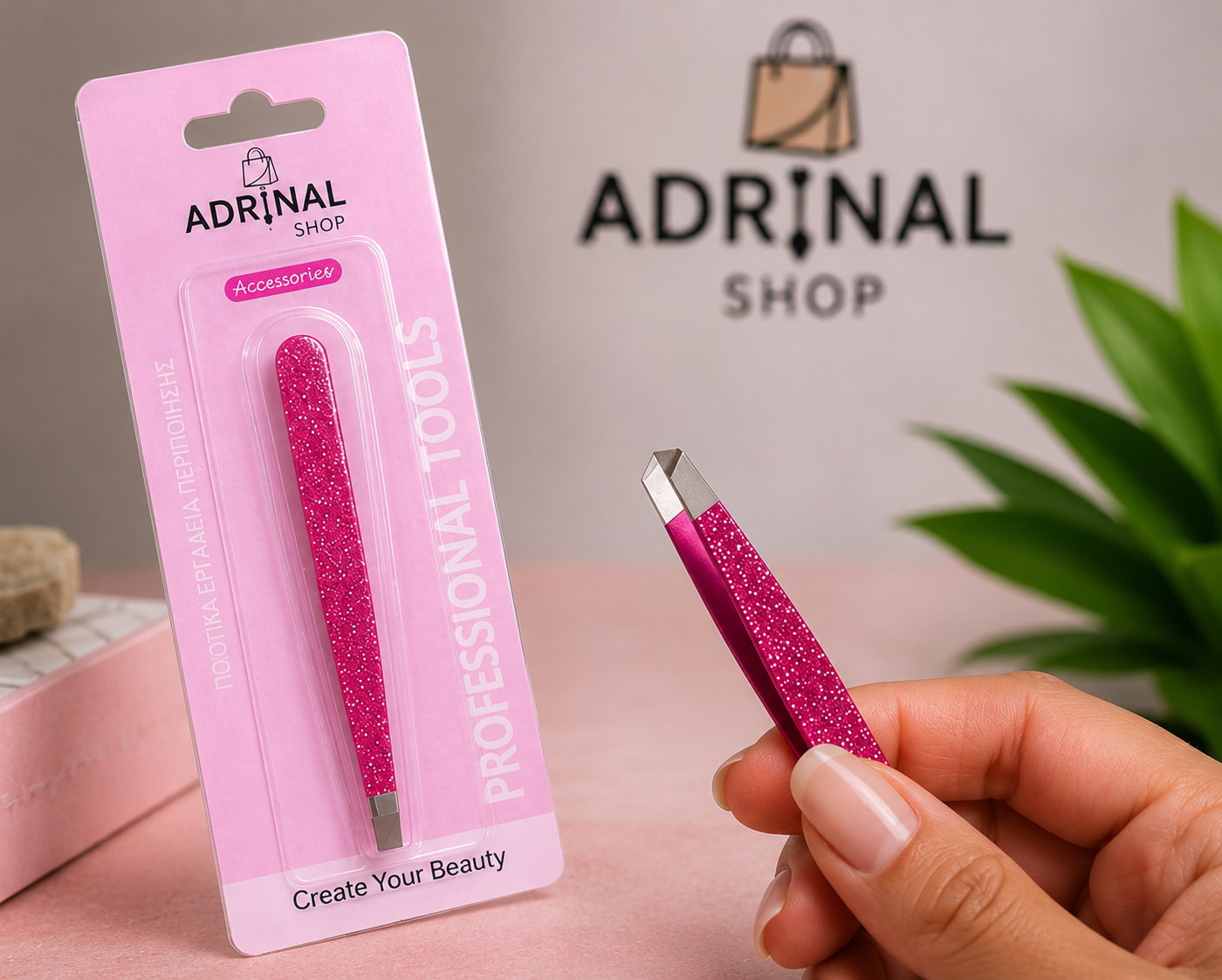 موچین حرفه‌ای صورتی اکلیلی ADRINAL SHOP مناسب اصلاح دقیق ابرو و ابزار زیبایی
