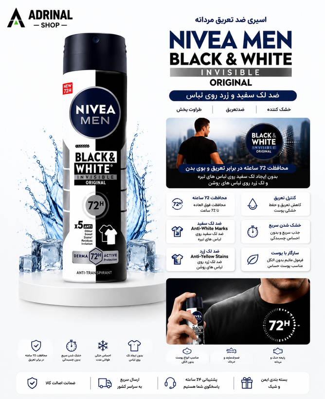 تصویر محصول اسپری بدن مردانه NIVEA MEN Black and White Invisible Original با محافظت 72 ساعته و رایحه ماندگار