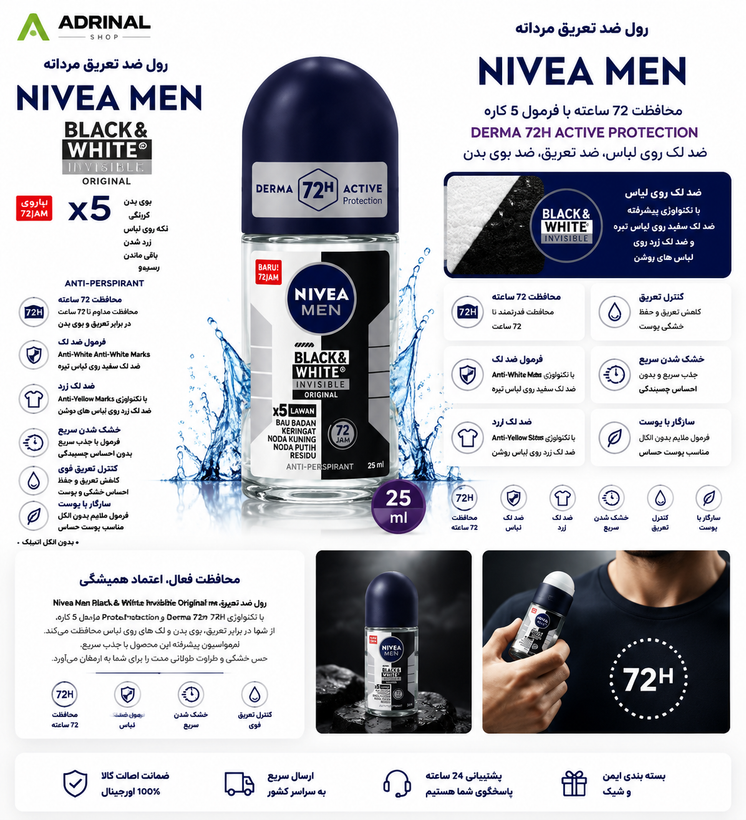 رول ضد تعریق مردانه NEIVA MEN Black and White Invisible با رایحه شیک و ماندگار
