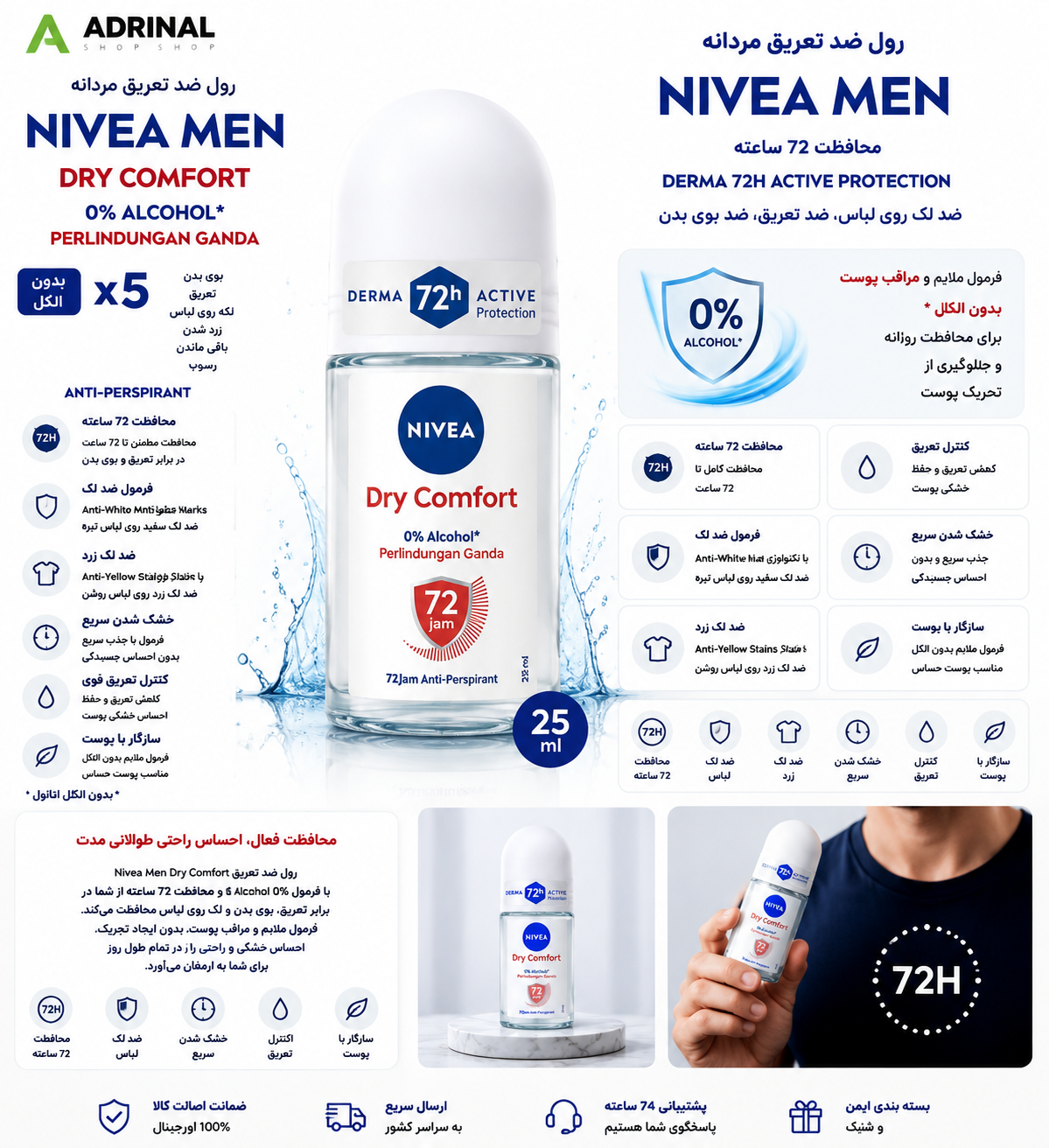 رول ضد تعریق مردانه نیوآ NIVEA MEN Dry Comfort با محافظت ۷۲ ساعته و فرمول بدون الکل