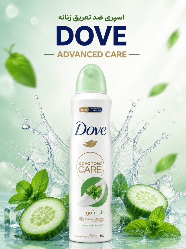خرید اسپری دئودورانت زنانه Dove Advanced Care Cucumber Mint رایحه خنک و تازه مناسب استفاده روزانه